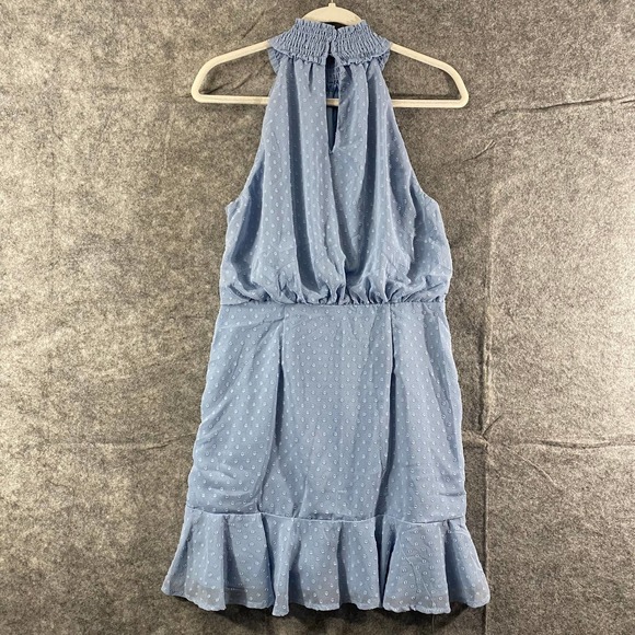 Lulus Mini Dress Large Dusty Blue Halter Ruched Sleeveless Place and Time - Picture 4 of 14